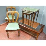 A pair of Victorian mahogany chairs, a glass top coffee table and similar items