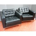 Two Ikea ultra modern black leather effect and chrome box arm chairs