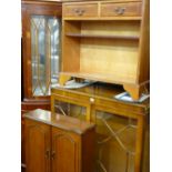 Reproduction yew wood display cabinet, glass top corner display, two drawer open bookcase cabinet