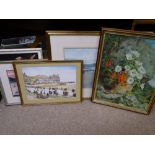 A framed Pears print and other pictures and prints along with two vintage wall mirrors