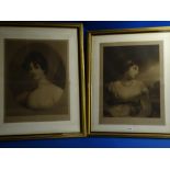 Two framed Victorian portrait prints of classical young ladies bearing indistinct pencil