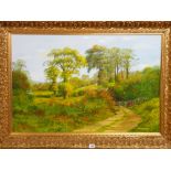 J WILSON HEPBURN oil on canvas - wooden gate and track with farmland to background, signed, 59 x