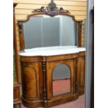 Victorian walnut mirror backed credenza with marble top, 148 cms x 218 cms