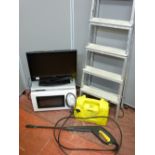 A parcel of household electrics including Karcher pressure washer, microwave oven and stepladder etc