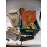 A parcel of mixed metalware including Salter's balances, advertising tins etc