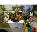 A Murano clown and other colourful glassware , EPNS including table pheasants, ornamental