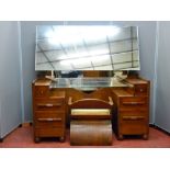 An Art Deco style oak mirrored dressing chest with stylish chair, 136 cms x 130cms wide