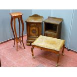 An Edwardian oak coal cabinet, a vintage bedside cabinet and other small furniture items