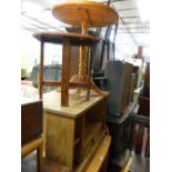 Copper top occasional table, a modern pine circular topped tripod table and a Mexican type pine