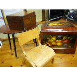 Fruit painted casket type storage box, a Victorian walnut lidded box and a kidney shaped table