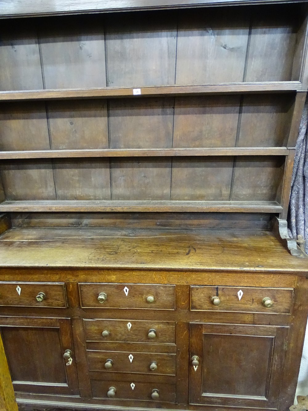 Circa 19th Century Welsh dresser with 'T' arrangement of three opening drawers and three blind