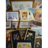 Parcel of paintings and prints including a framed map of the British Isles, vintage style Coca