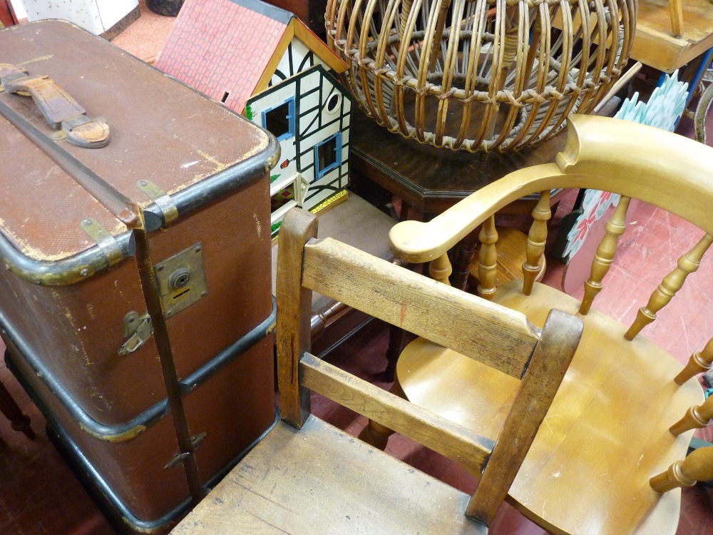 Parcel of mixed furniture comprising two Edwardian box seat piano stools, a Windsor elbow chair, a