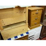 Three drawer reproduction pine chest, two lidded storage boxes and a white kitchen storage cabinet