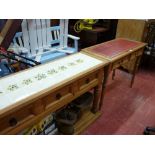 Neat stripped pine Edwardian writing table with tooled red leather top, two drawers and corner