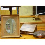 Antique oak laptop desk, a copper long handled warming pan, pine framed mirror and a Victorian