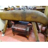 Early 20th Century leather bound gymnast's vaulting horse with twin iron handles and splayed pitch