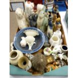 Rye pottery rabbit, three items of Belleek porcelain, a selection of Staffordshire style figurines