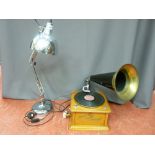 Stylish chrome electric anglepoise lamp and a reproduction Thomas Home Phonograph with horn E/T