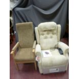 Modern upholstered 'Cosi' chair and a lift and recline electric 'Cosi' armchair E/T