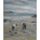 PETER JOHN JONES acrylic on canvas - two figures on a beach, entitled verso 'Cockle Pickers', signed