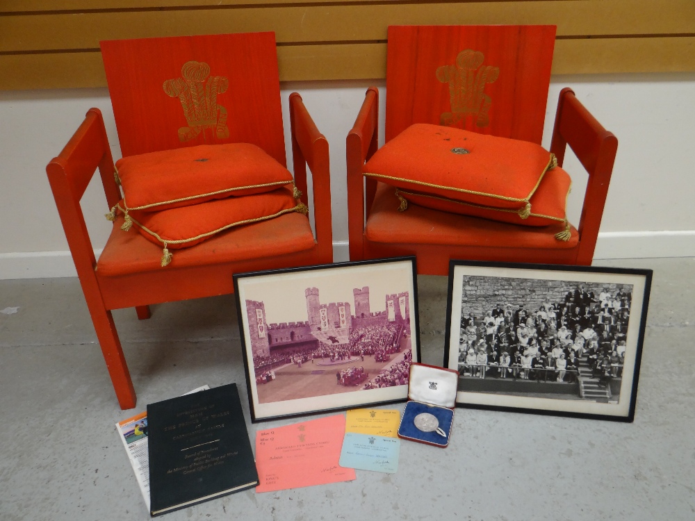 PAIR OF INVESTITURE CHAIRS each with two cushions together with photographs of the investiture, hard