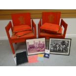 PAIR OF INVESTITURE CHAIRS each with two cushions together with photographs of the investiture, hard