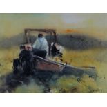 WILLIAM SELWYN limited edition (30/300) colour lithograph - farmer on tractor in evening sunlight,