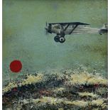 PAUL PETER PIECH rare acrylic and collage on pottery panel - vintage airplane in flight, entitled