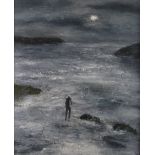 PETER JOHN JONES acrylic on canvas - entitled 'Night Fisherman', signed with initials, 57 x 47cms