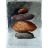 HARRY HOLLAND gouache on paper - still life of balancing stones, entitled verso 'Quadrolith