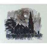 SIR KYFFIN WILLIAMS RA coloured print - moonlit Anglesey church, signed with initials, 27 x 37cms