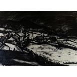 PETER PRENDERGAST charcoal on paper - Snowdonia landscape with dwellings, entitled verso 'View of