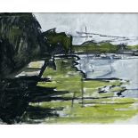 JOHN GODDARD gouache on board - impressionistic view of Roath Park lake, entitled verso 'Algae on