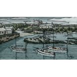 ALAN WILLIAMS acrylic on panel - Anglesey harbour and boats, entitled 'Bull Bay, Amlwch', signed, 38