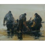 WILLIAM SELWYN oil on canvas - three fishermen working in the shallow waters, entitled verso on