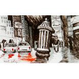 NICK HOLLY black ink sketch - New York city street scene with fire hydrant, entitled verso 'Fire