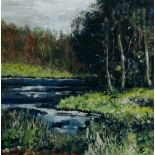 JOHN ROOSE EVANS mixed media on canvas - entitled verso 'River Usk, Swollen After Storm', signed