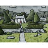 ALAN WILLIAMS acryilc on panel - whitewashed cottage amongst trees, entitled 'Llangoes Cottages',