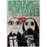 PAUL PETER PIECH limited edition (20/25) three colour linocut - caricature of the print-maker with