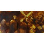 MARY GRIFFITHS oil on paper - religious procession, entitled on Chappel Galleries label verso '