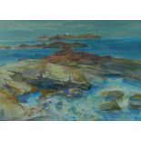 AUDREY HIND oil on board - Anglesey coastal scene, entitled verso 'Skerries', signed, 20 x 25cms