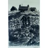 SIR KYFFIN WILLIAMS RA colourwash print - Caernarfonshire cottage with farmer and his dog descending