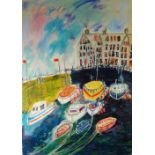 ANNA PRITCHARD watercolour - harbour scene with numerous boats and row of houses in the