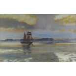 MOSS WILLIAMS watercolour - twin masted sailing ship on a serene Menai Straits, signed and dated