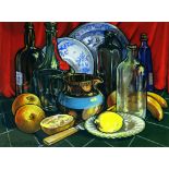 MOSS WILLIAMS watercolour - richly coloured still life study of bottles, two plates, a jug and fruit