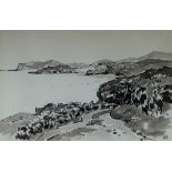 SIR KYFFIN WILLIAMS RA inkwash - Anglesey coastal scene with lane and Puffin Island, signed with