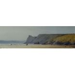 GARETH THOMAS watercolour - Gower beach scene with figures, signed, 11 x 36cms