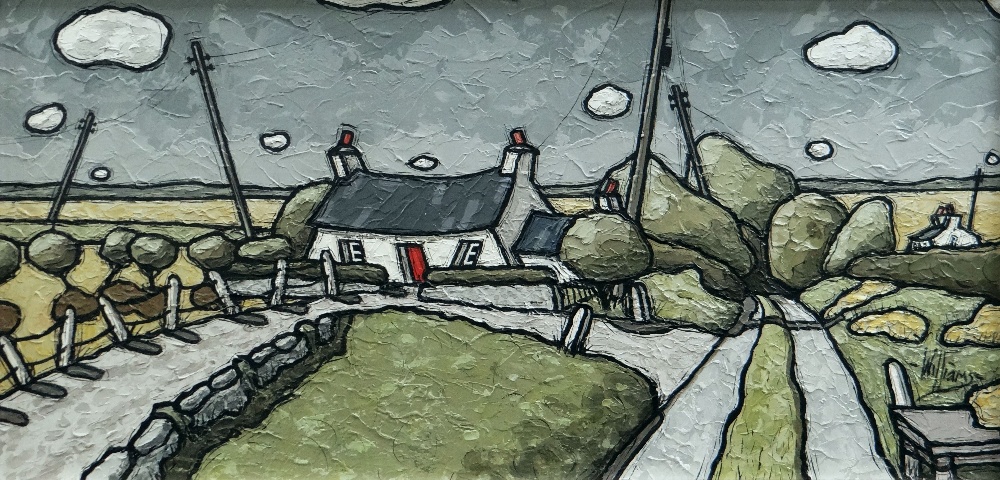 ALAN WILLIAMS acrylic on panel - whitewashed cottage in landscape, entitled 'Cottage, Pembroke',