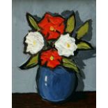 DAVID BARNES oil on board - still-life of red and white flowers in a vase, signed verso, 25 x 18cms